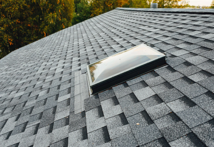 closeup shot of roof asphalt shingle newly installed with skylight